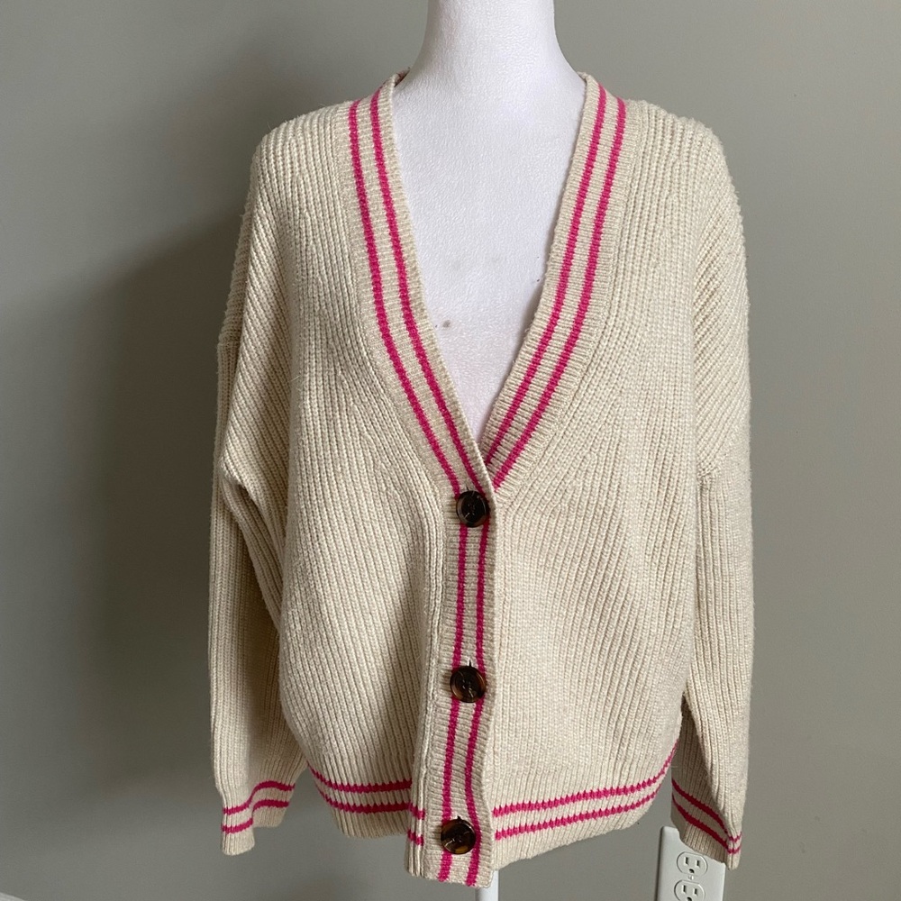 Elegant Cream Cardigan with Pink Trim